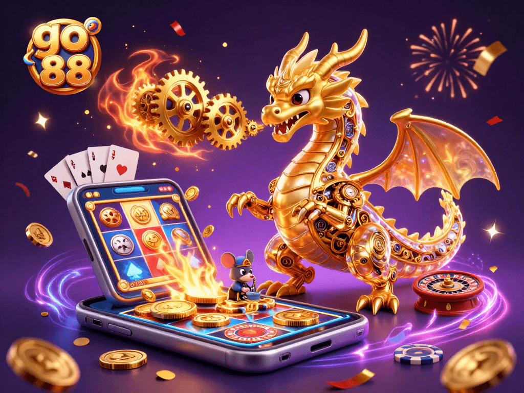 Spin the reels of go 88 in a vibrant gambling scene with golden coins and festive elements.
