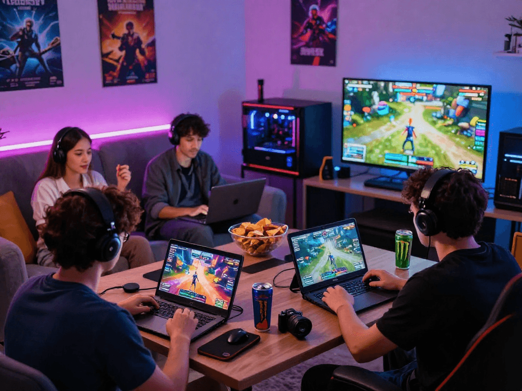 Engaging scene showcasing players enjoying sex games online on laptops and tablets in a lively gaming environment.