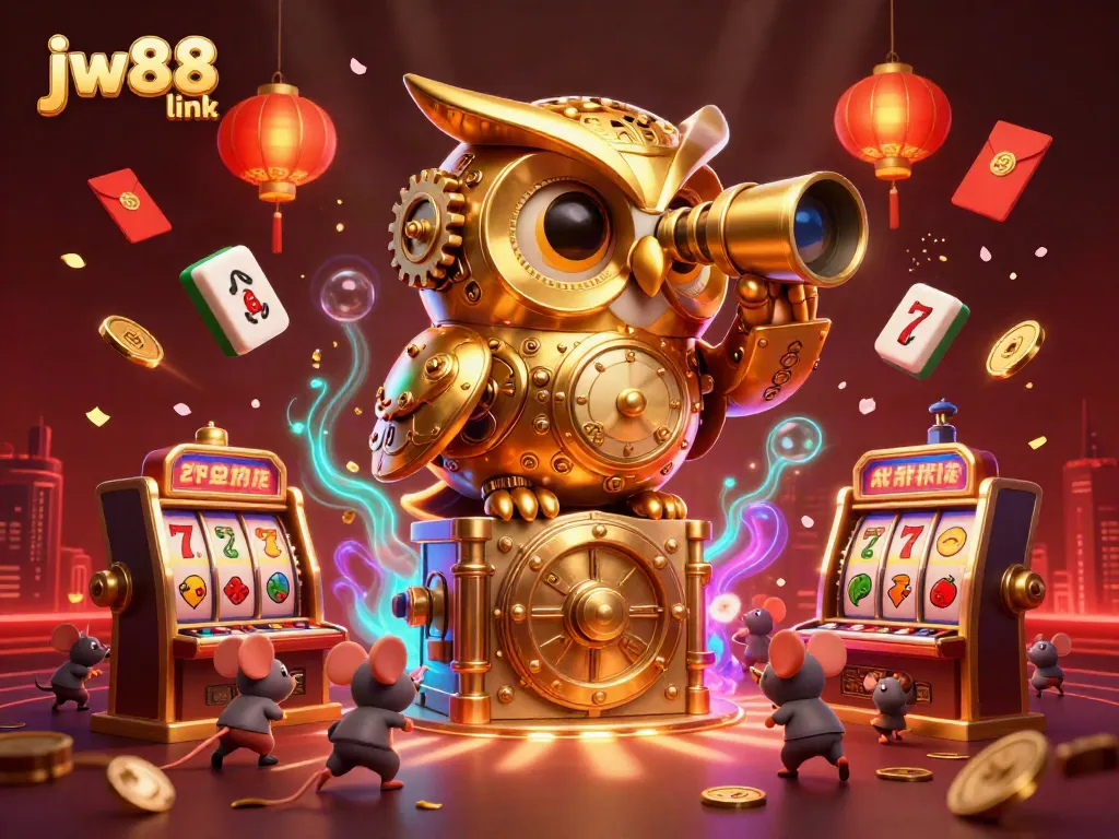 Experience the thrill of jw88 link with a vibrant casino illustration showcasing an owl and playful mice.