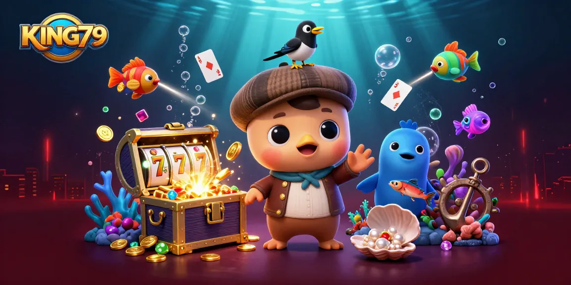 Engage with KING79's vibrant casino scene featuring a playful baby Nessie and gold treasures!