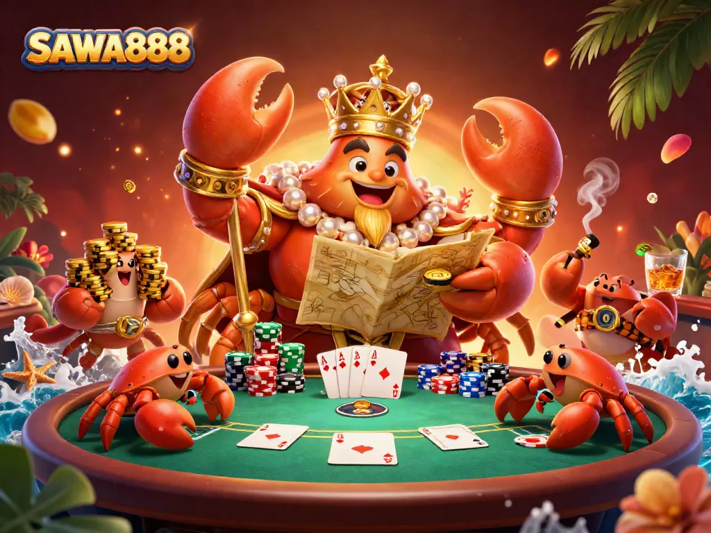 Experience thrilling SAWA888 moments with a golden crab emperor amidst poker action and vibrant casino elements.