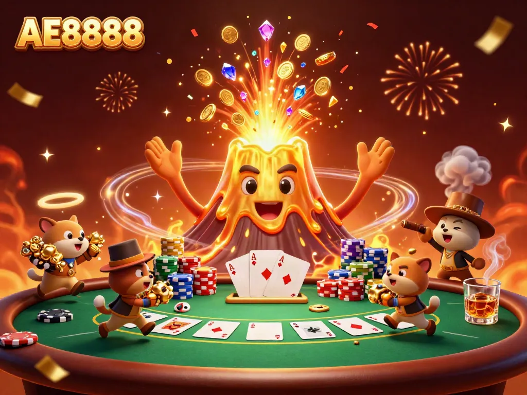 Experience the thrill of AE8888 with a vibrant 3D casino illustration featuring a golden volcano and poker elements.