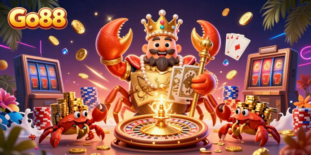 Engage with Go88's gaming adventure featuring a golden crab emperor and dazzling casino elements.