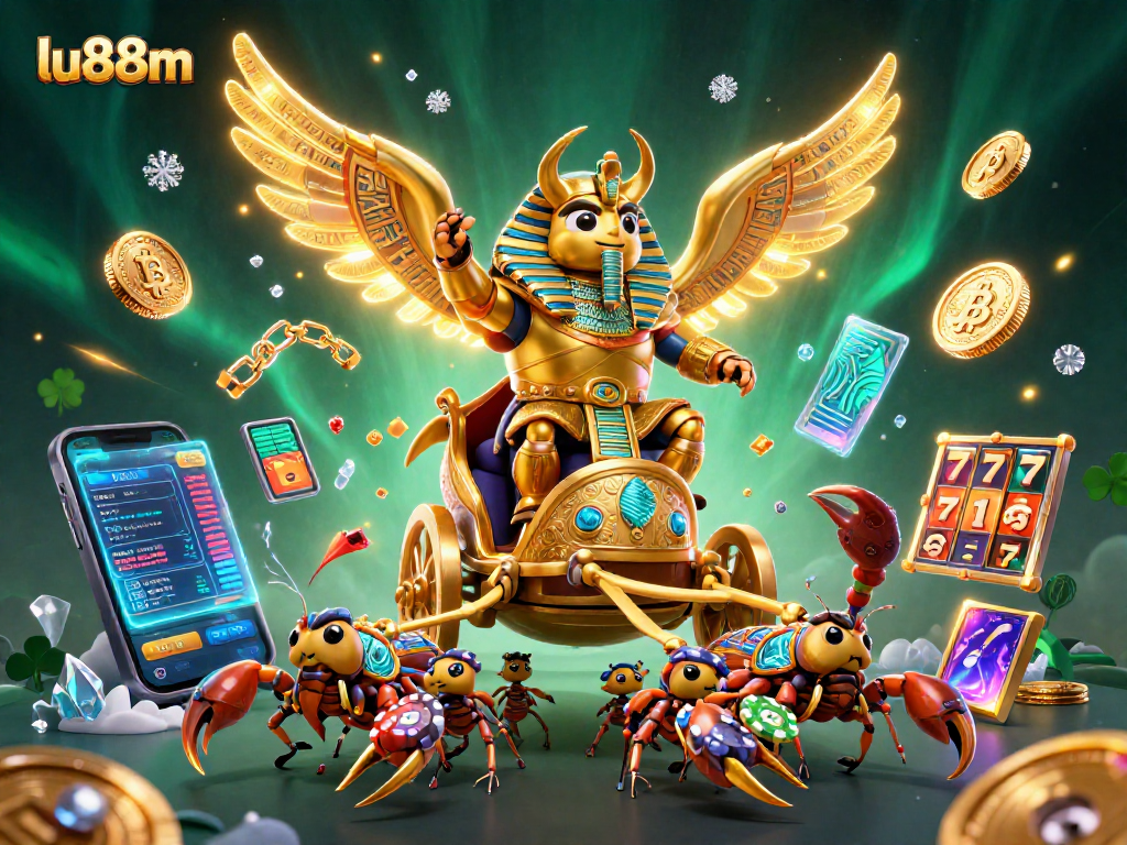 Experience excitement with lu88m in a vibrant casino scene filled with animated golden scarabs and crypto elements.