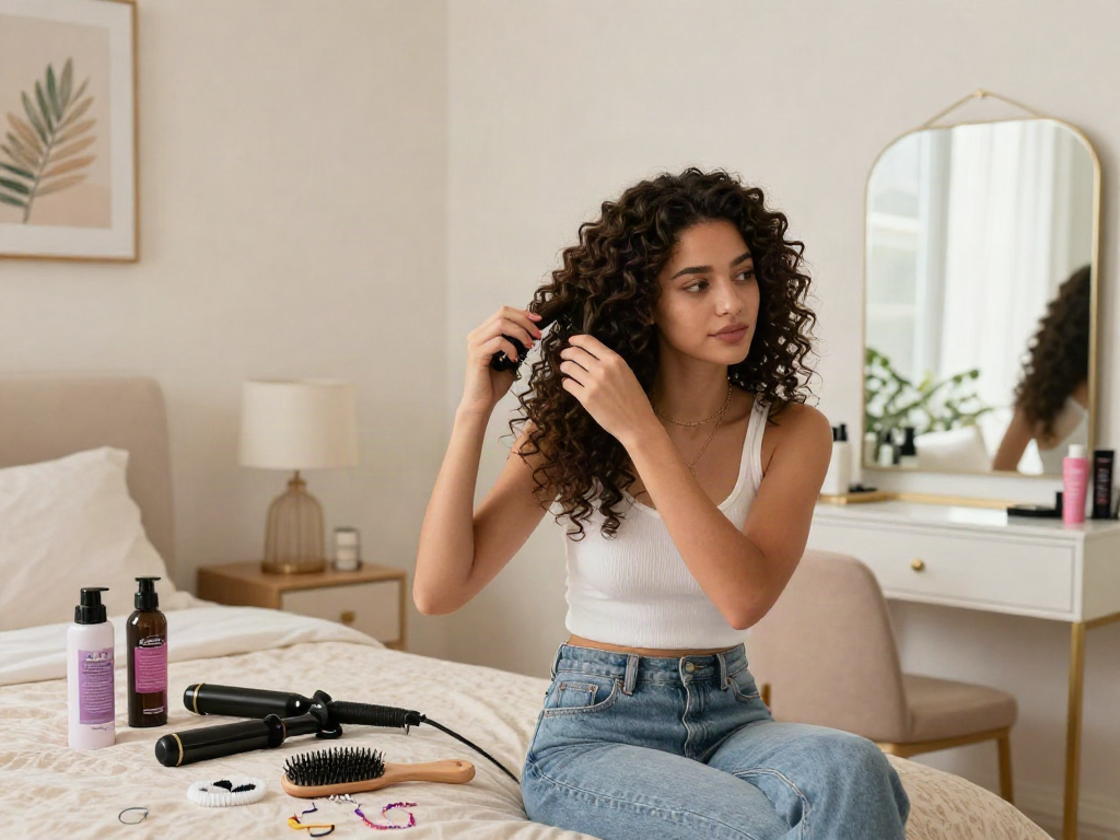 Applying curly hair clip in extensions in a stylish bedroom, showcasing beauty and transformation.