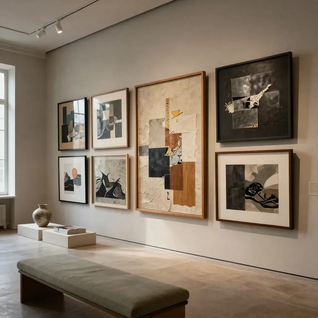 Wide gallery wall of framed mixed-media art, plinths, track lights, and a sage bench in warm light.