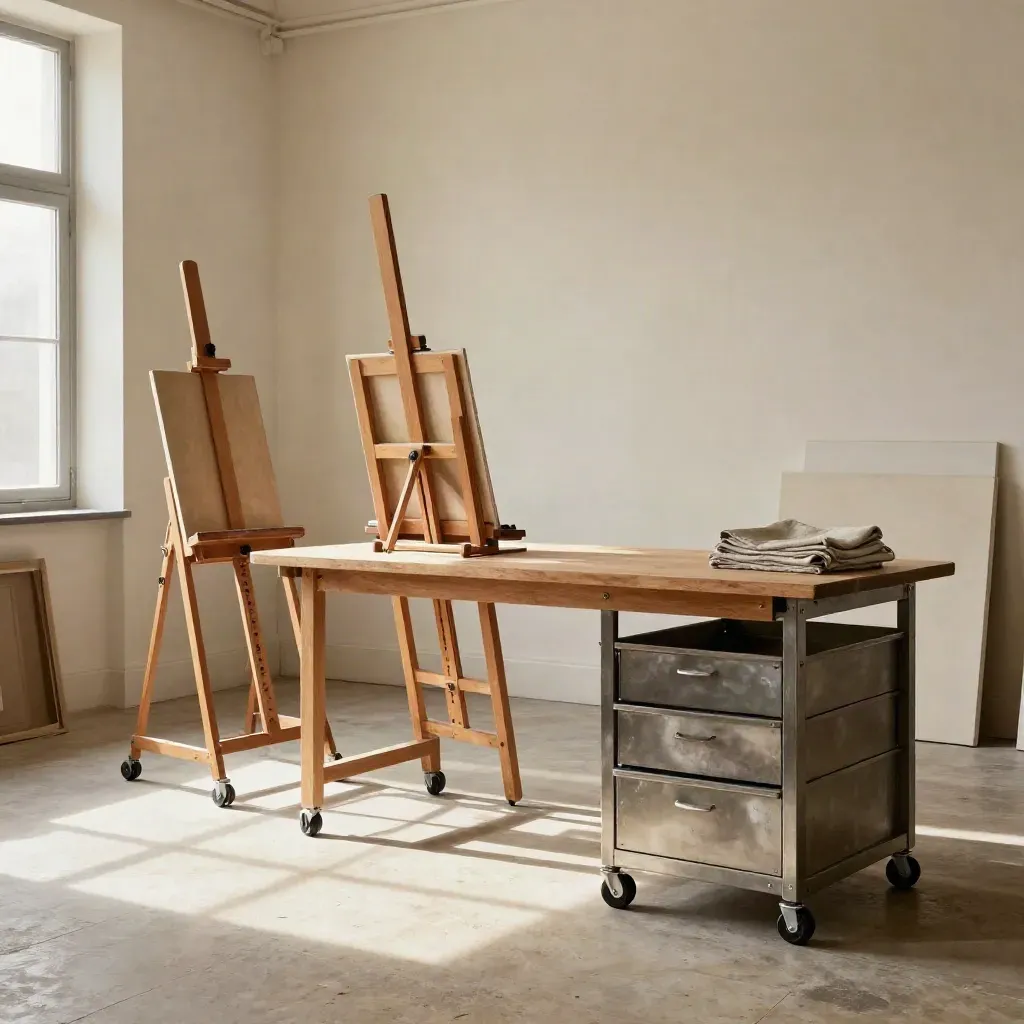 Empty art studio bay with two easels, a long worktable, and rolling storage in warm window light.