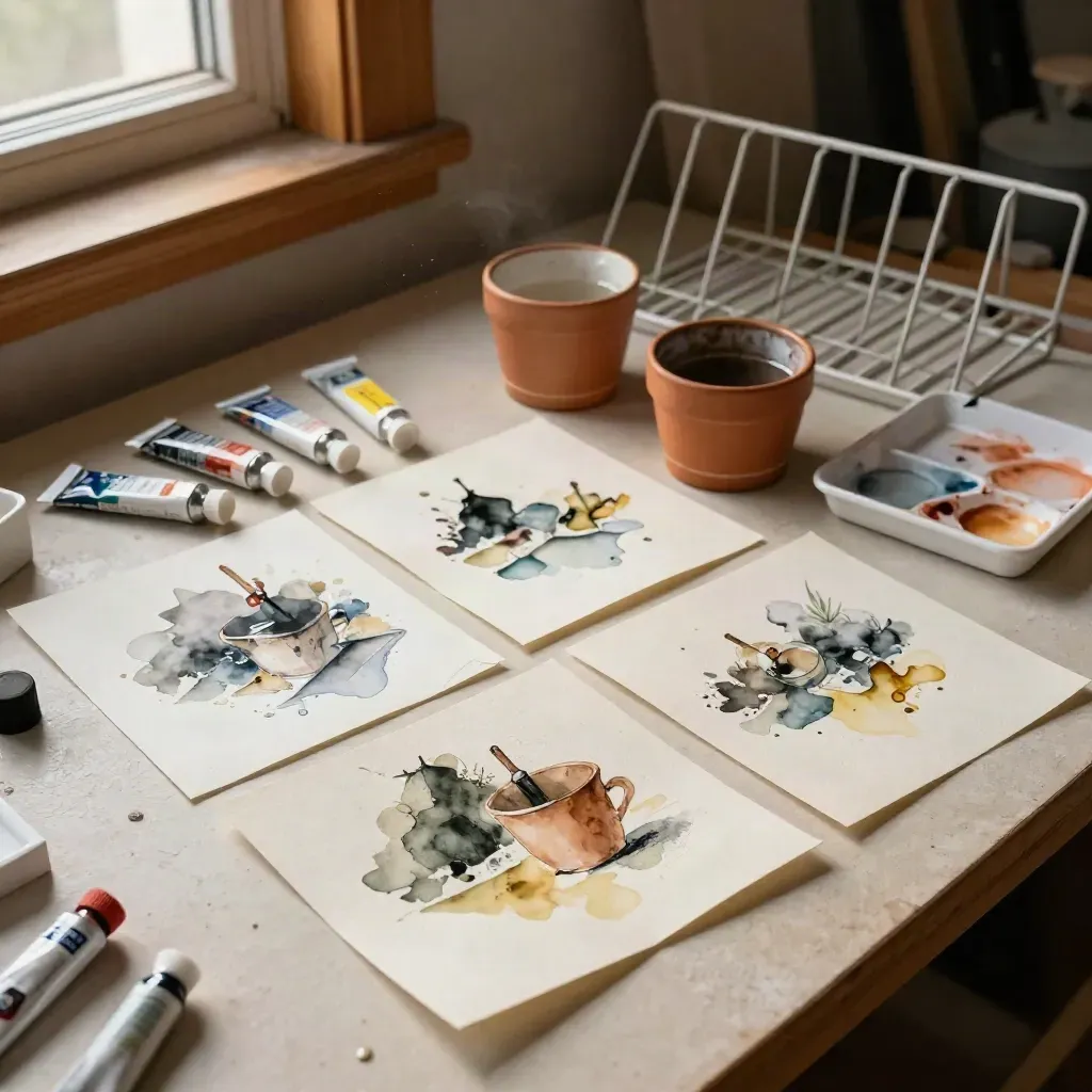Overhead flatlay of watercolor studies, acrylic tubes, rinse cups, and a drying rack