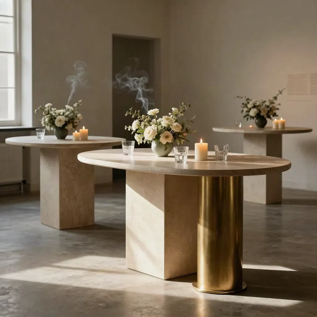 Moody gallery event setup with pedestal tables, candles, low florals and glass tumblers in warm haze.