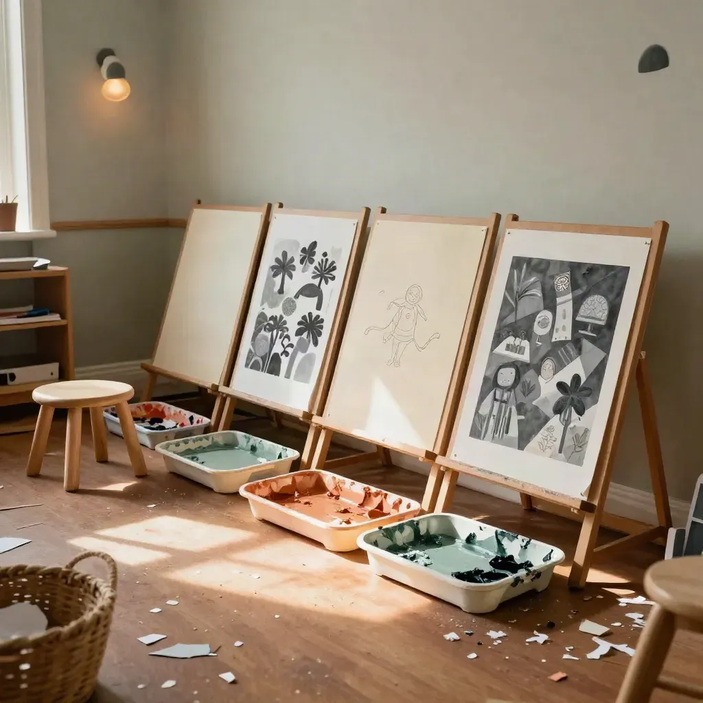 Kid-sized stools, paint trays, and collage boards drying in a warm art studio