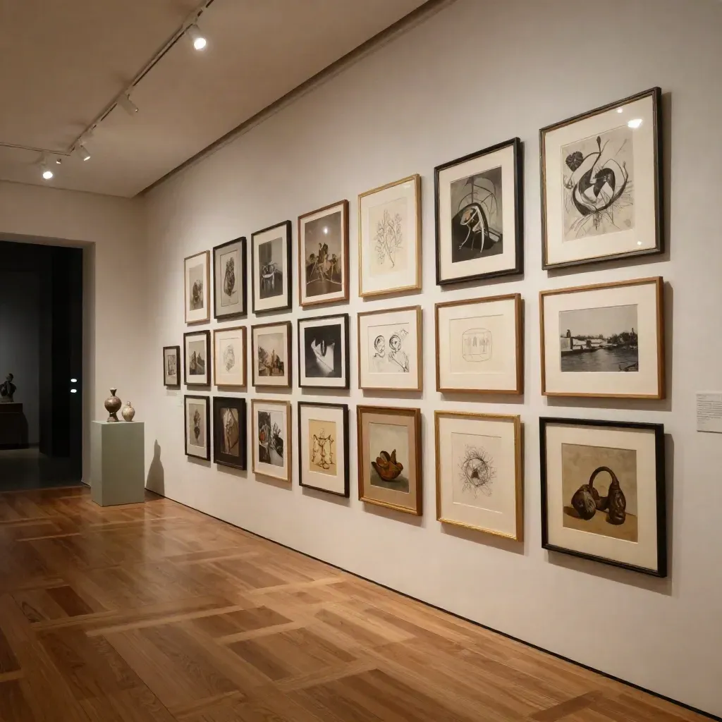 Empty gallery wall with 18 framed artworks, sage plinths, and a dark entry