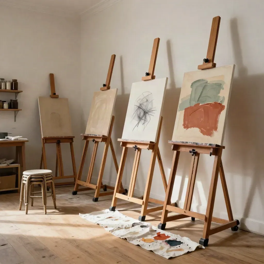 Art studio with easels, canvases, stools, and paint-splashed cloth in warm sunlight.