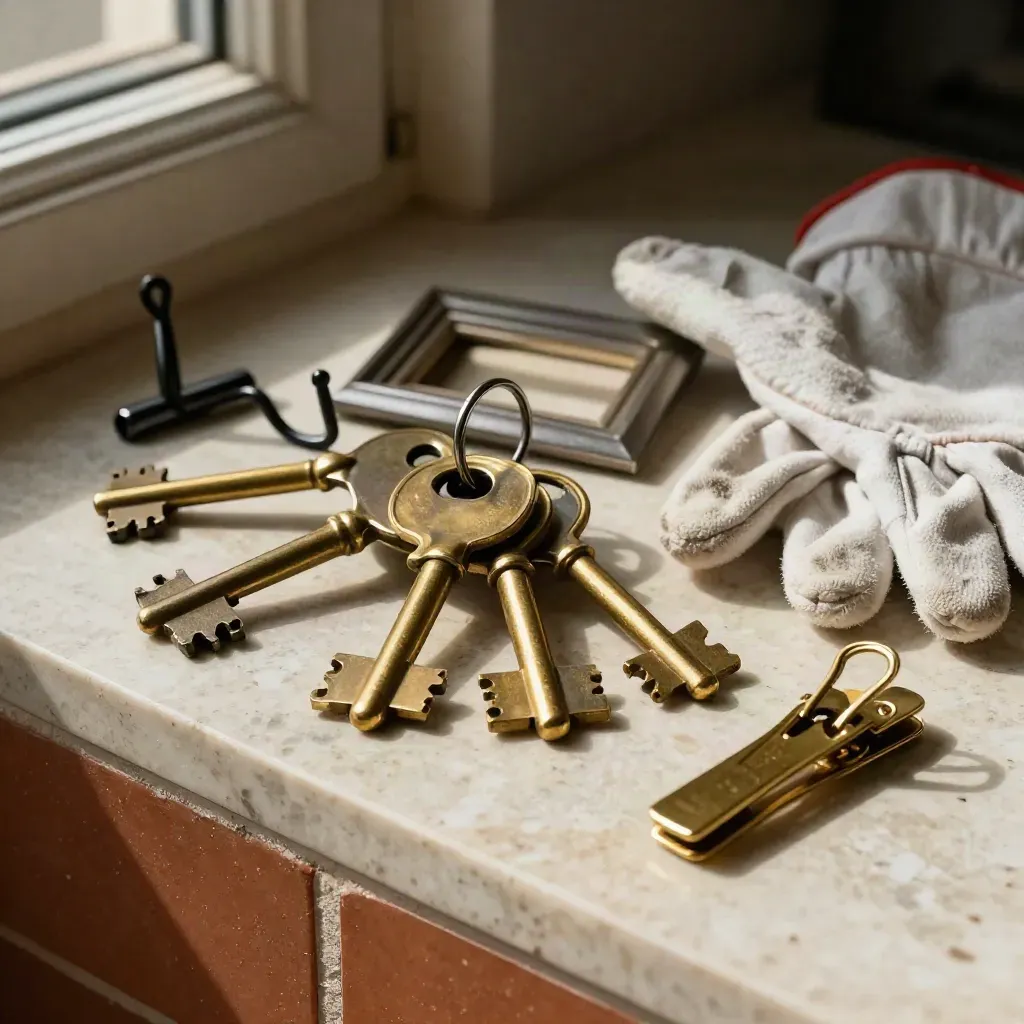 Extreme macro of gallery keys, hooks, frame corners, gloves, and a brass light clip on travertine.