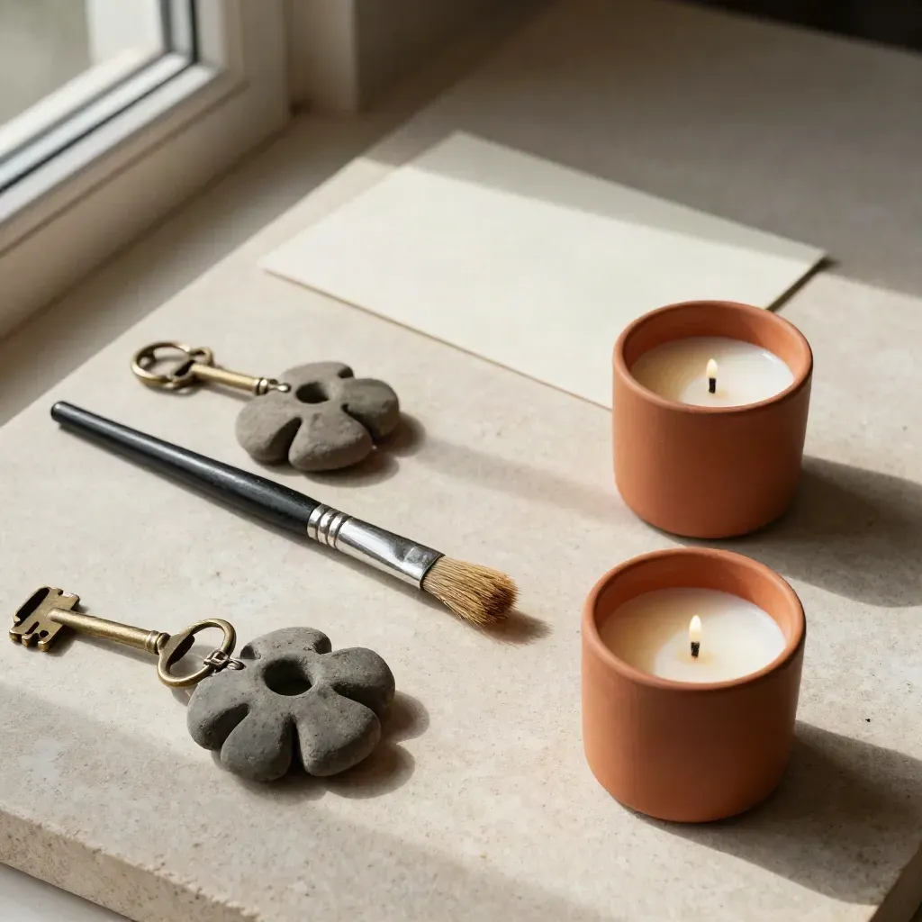 Overhead art gallery flatlay of brush, frame corner, key, and candle choice clusters