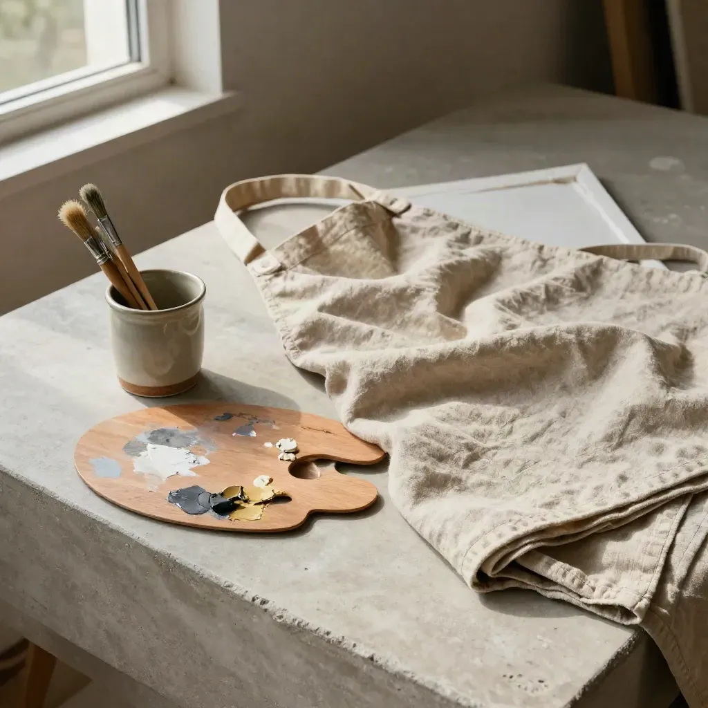 Apron, brush cup, palette, drop cloth, and canvas on a concrete tray
