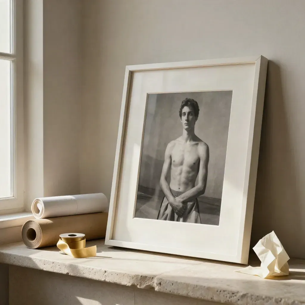 Framed artwork with packing materials on a stone shelf