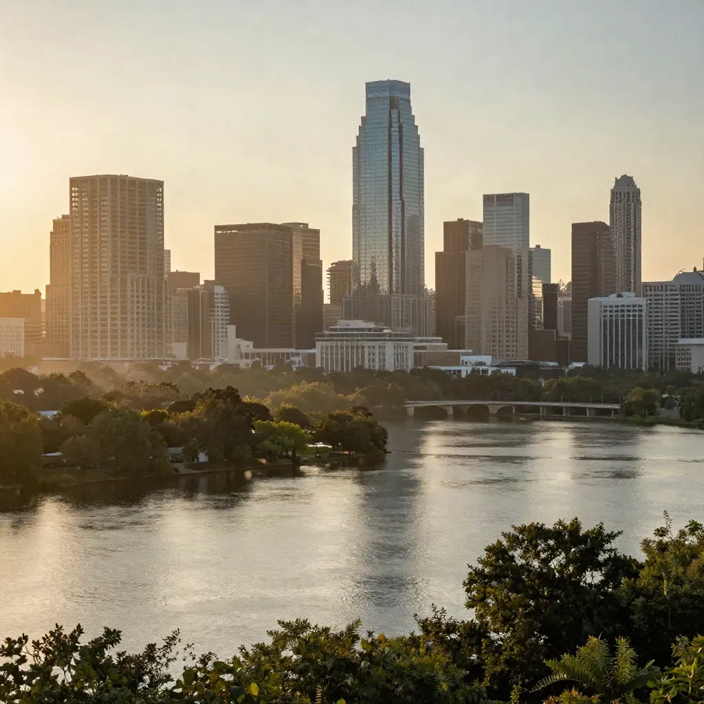 Austin skyline glows over Lady Bird Lake at sunset with haze, trees, and a low bridge line.