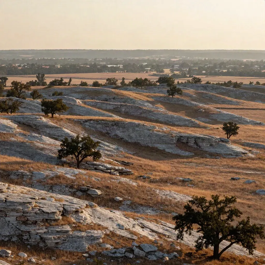 Hazy Travis County hill ridges with live oaks and a distant suburban edge at sunset