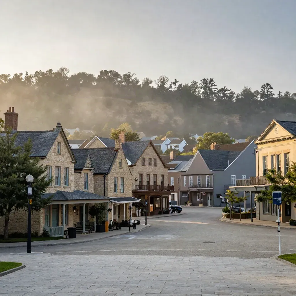 Misty Hays County limestone roofs above a quiet square and cedar slopes at dawn.