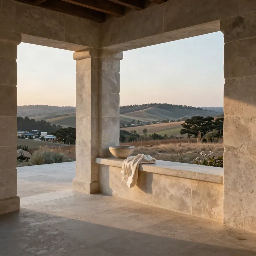 Shaded limestone arcade framing Williamson County hills and distant rooftops at sunset