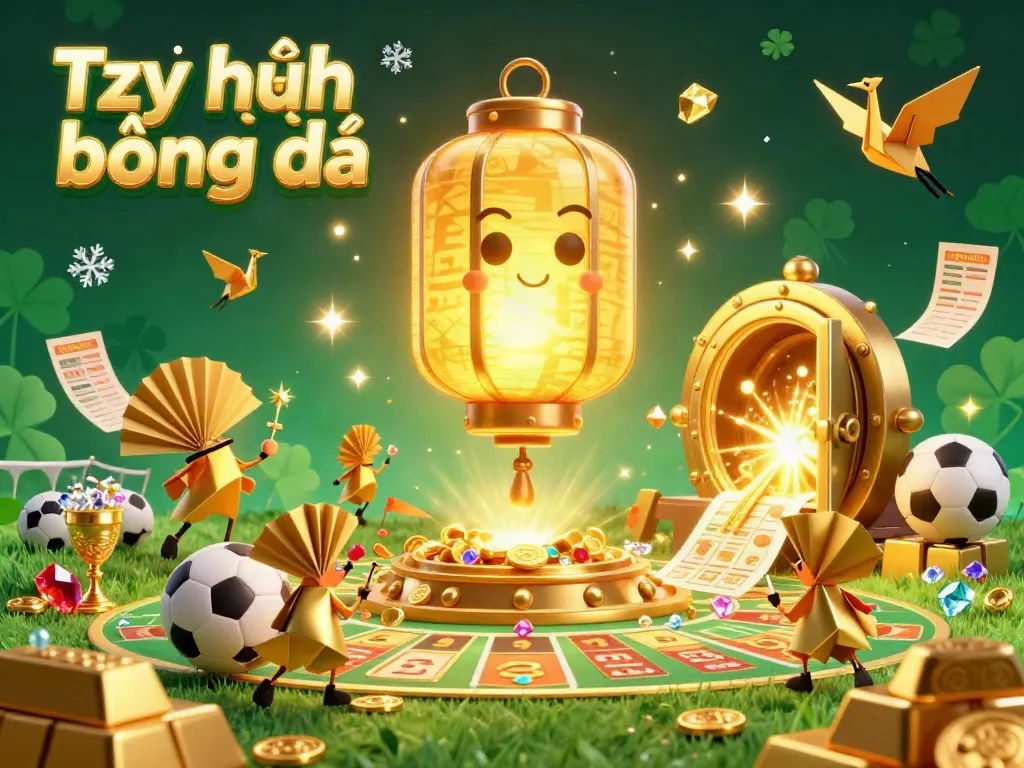 Experience Tỷ lệ bóng đá with a lively 3D sports betting scene featuring golden lantern spirits and vibrant game elements.