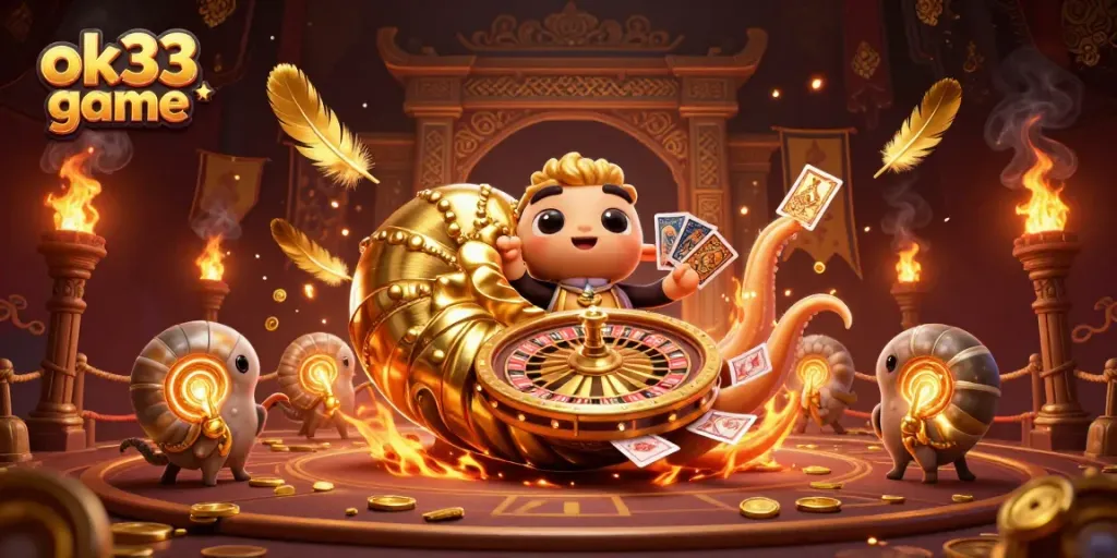 Engage in the thrilling ok33 game with a vibrant 3D digital illustration depicting casino elements.