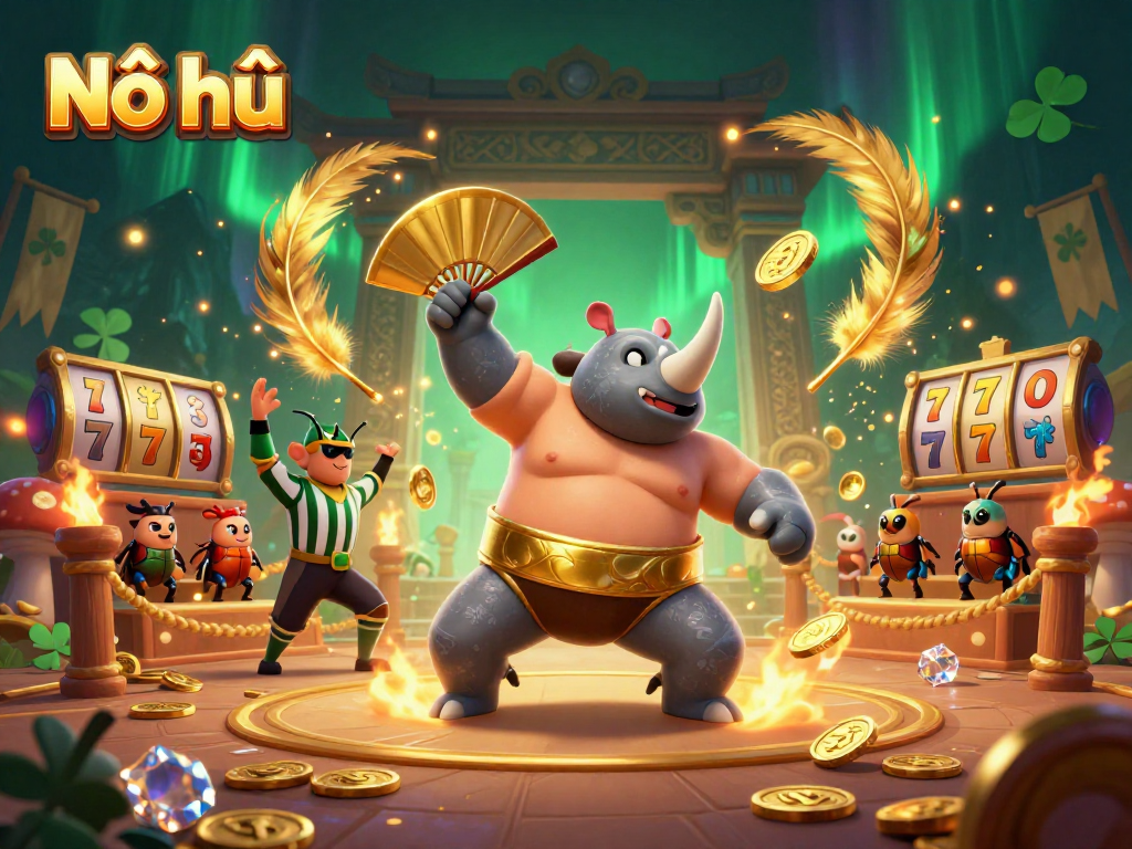 Nổ hũ gameplay scene showcasing a sumo beetle champion stomping coins with a referee, enhanced with vibrant slot elements.