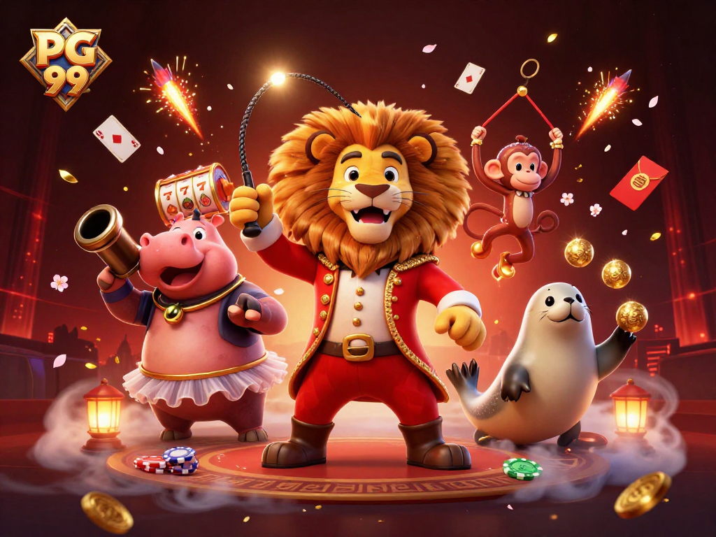 Engage with PG 99's thrilling 3D circus-themed casino adventure showcasing lively characters and gaming elements.