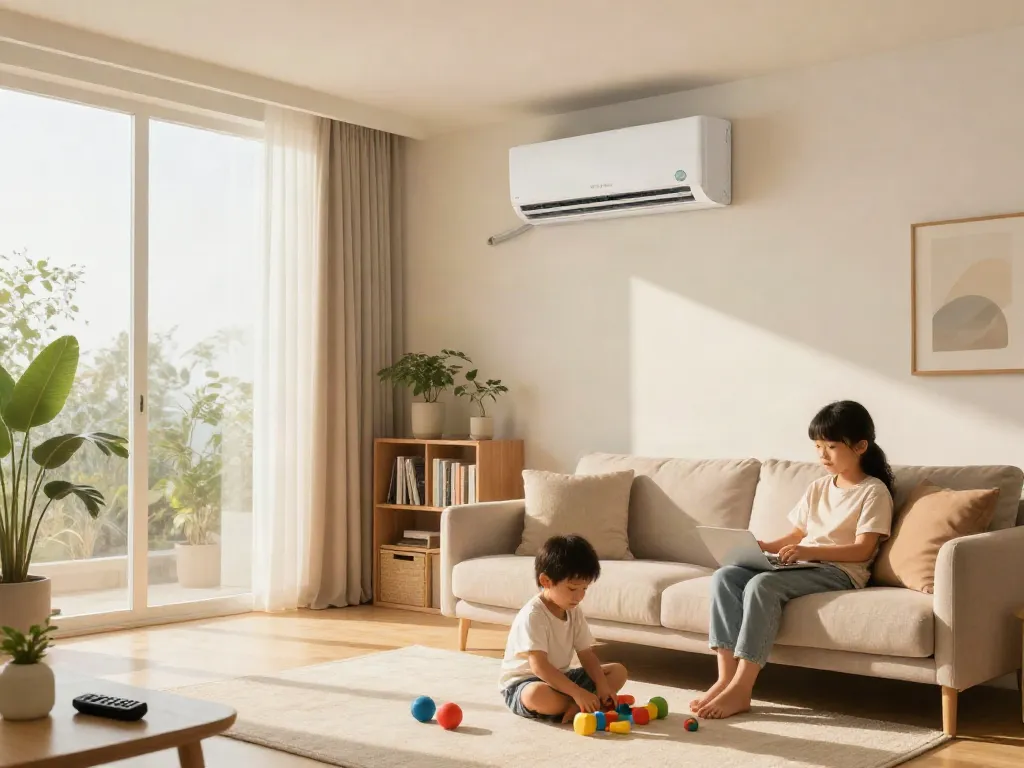 Family enjoying comfort with mini split ac unit in stylish living room.