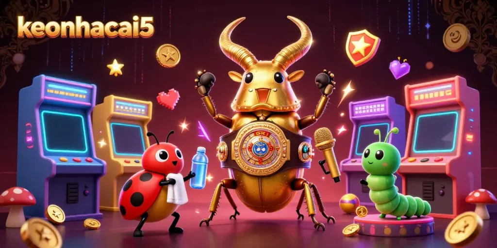 Engage with keonhacai5 in a vibrant casino-themed 3D illustration featuring colorful characters and gaming elements.