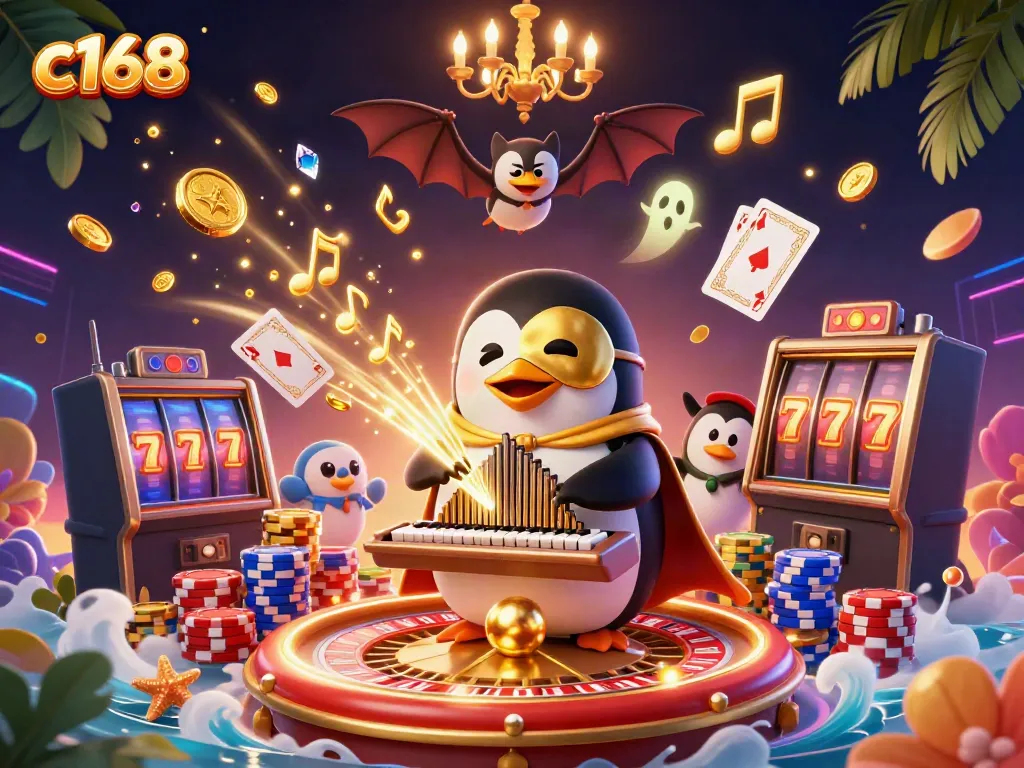 Experience excitement with c168 through an enchanting casino scene filled with gold coins and acrobatics.