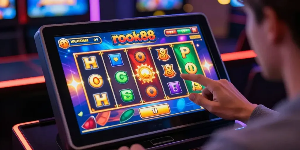 Exciting rokok88 slot game interface on a touchscreen tablet, showcasing vibrant graphics and engaging gameplay.