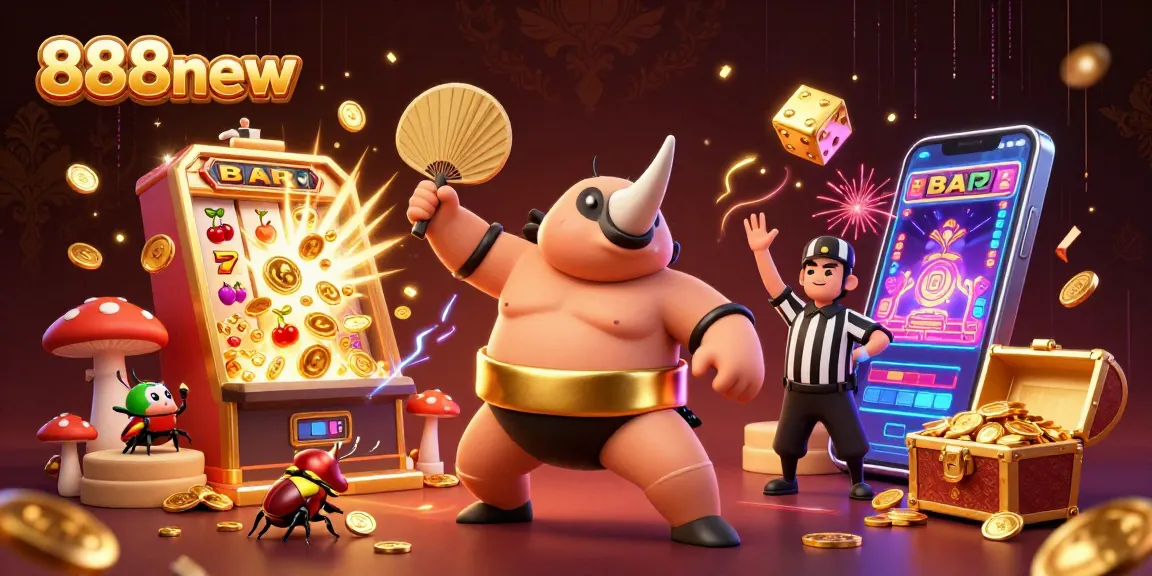 Experience excitement with 888new as the beetle champion unleashes a jackpot of coins in a vibrant casino scene.