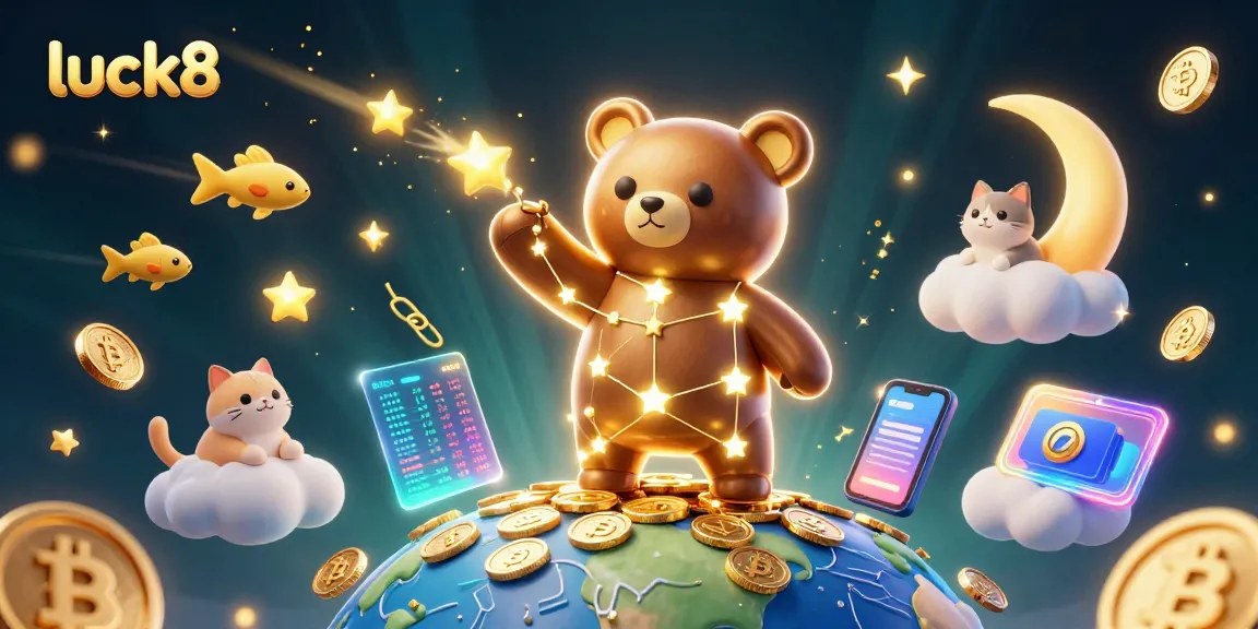 Engage with luck8's vibrant gaming world filled with stars and riches in this colorful casino illustration.