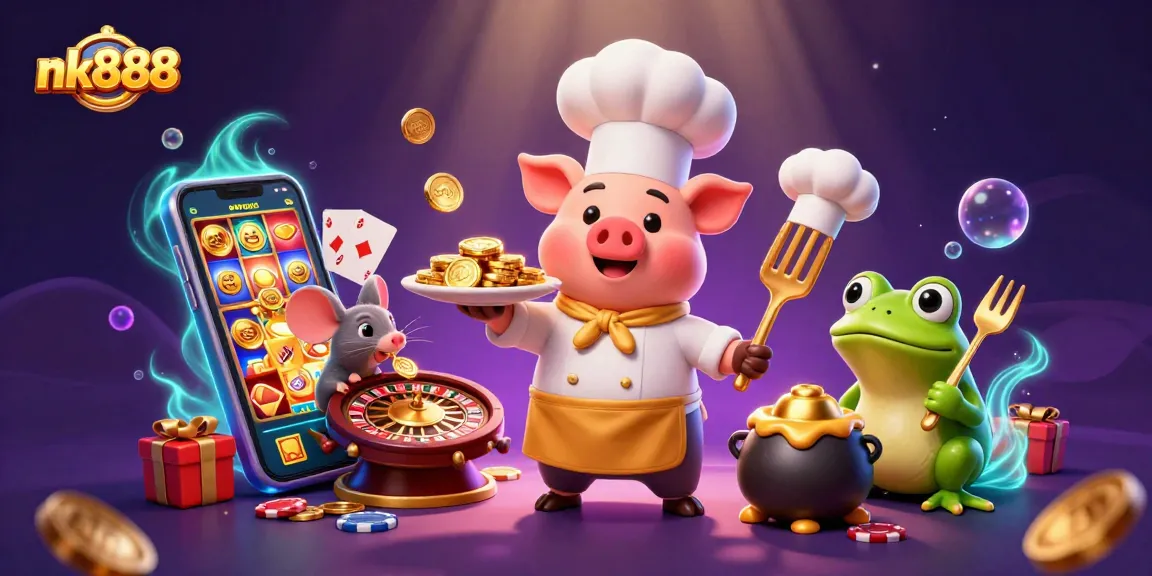Experience the excitement of nk888 casino as a chef pig serves gold coins, surrounded by dynamic gaming elements.