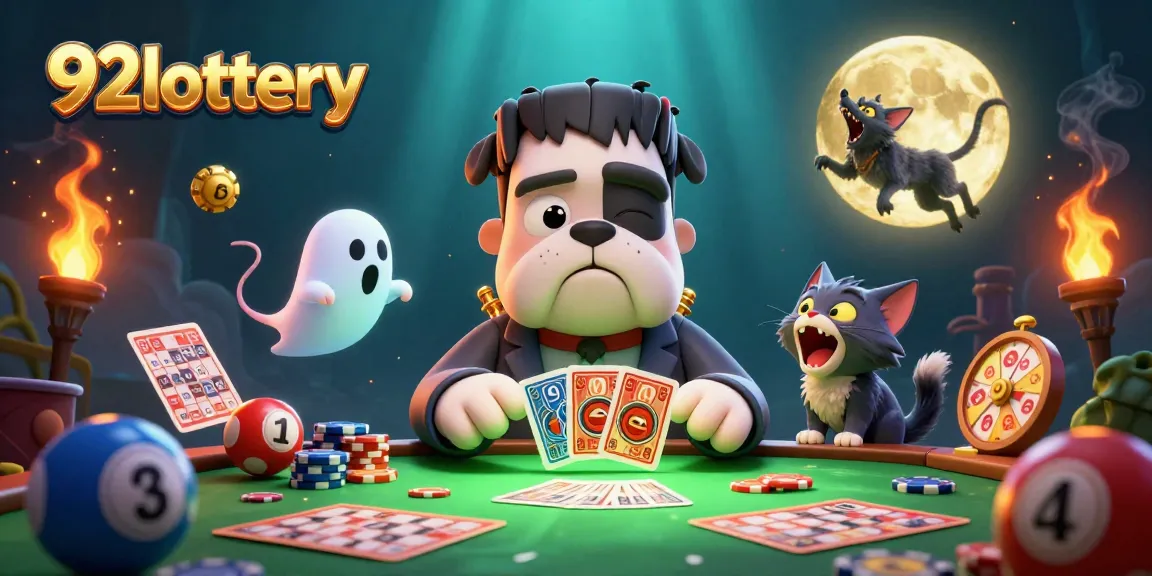 Engage with 92lottery at a vibrant digital lottery scene featuring a 3D cartoon bulldog and captivating elements.