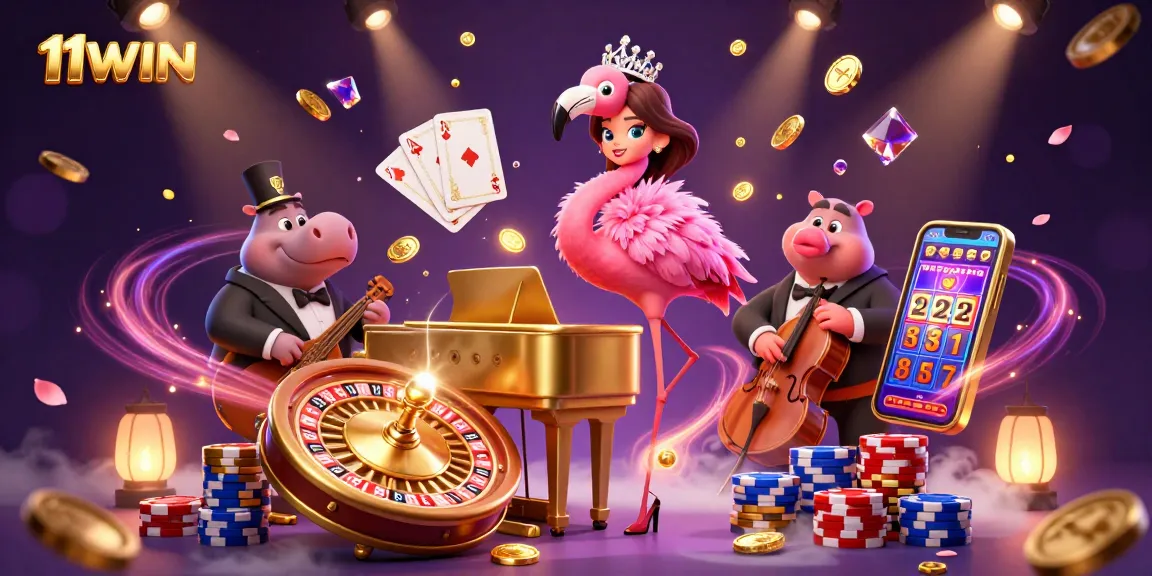 Experience the vibrant energy of 11WIN with a colorful casino scene featuring iconic characters and gambling elements.