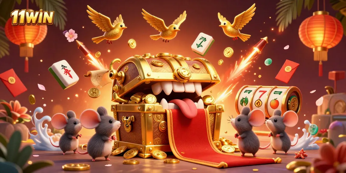 Experience winning moments with 11WIN in vibrant casino-themed illustration filled with treasures.