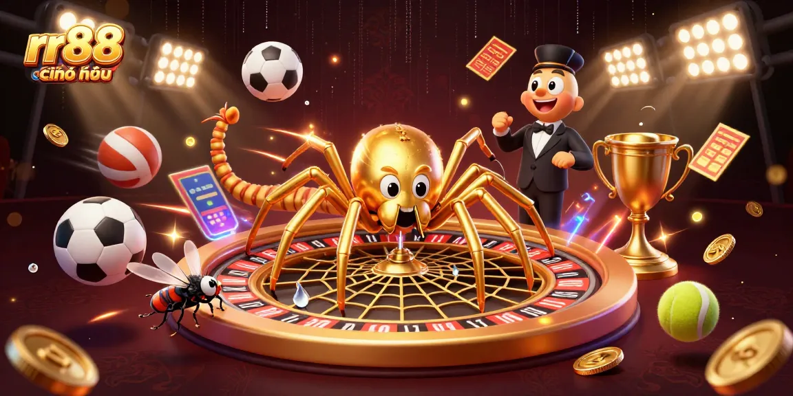 Experience thrilling bets at rr88 chính thức with a golden spider, a centipede croupier, and vibrant sports elements.