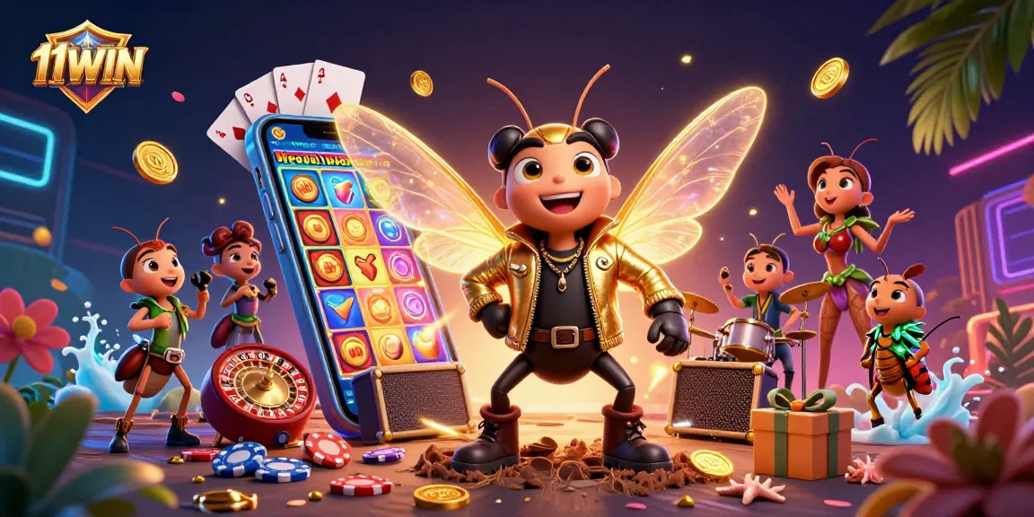 Engage with 11WIN to experience a vibrant casino-themed 3D illustration featuring a rock star and dynamic game elements.