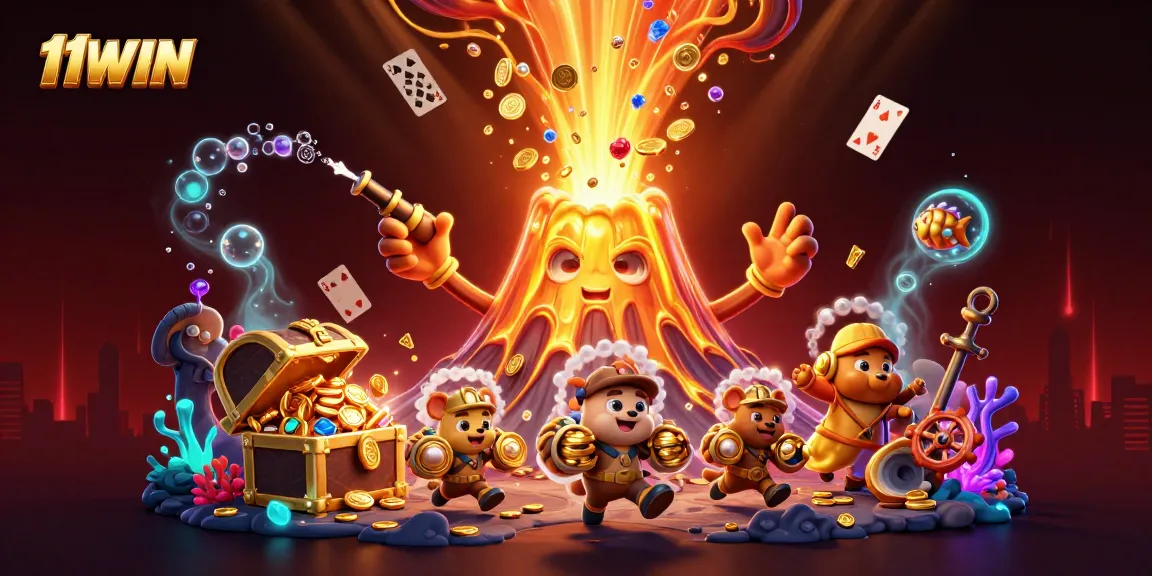 Engage with the exciting world of gambling at 11WIN featuring vibrant casino-themed elements and treasures.
